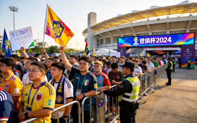 世俱杯比赛日球场外球迷聚集等待入场的高清照片