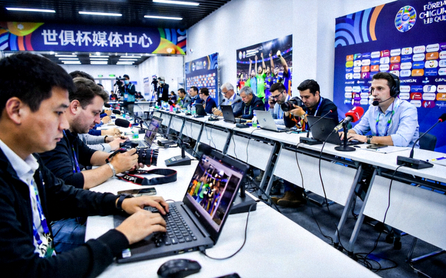 世俱杯媒体中心内记者正在工作的现场照片